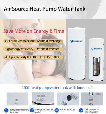 120L 100L 150L Inner coil Air Source Heat Pump Tank Dia 500mm Air Source Hot Water Cylinder